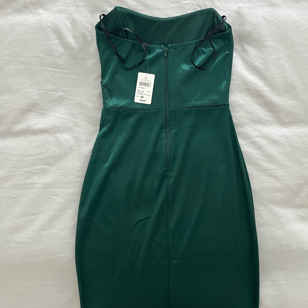 NWT Windsor XS Hunter Green Casey Strapless Midi Dress Satin Side Slit Prom - Picture 5 of 6